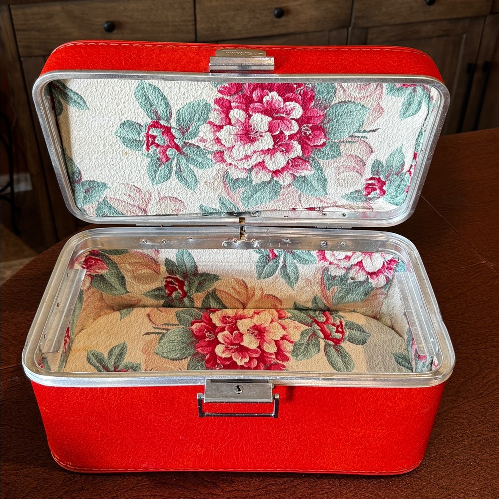 Vintage 1960s Red Train Case Floral Lined Mid Century Vanity Storage